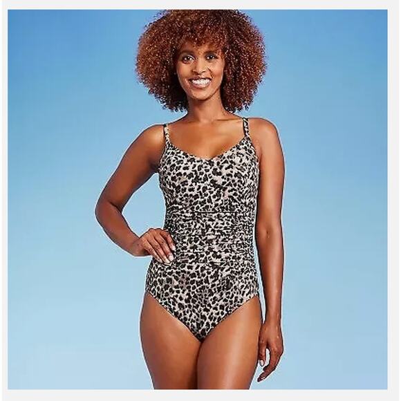 Shirred V-Neck Animal Print One Piece Swimsuit Sz Small NWT- Aqua Green- - Picture 1 of 6